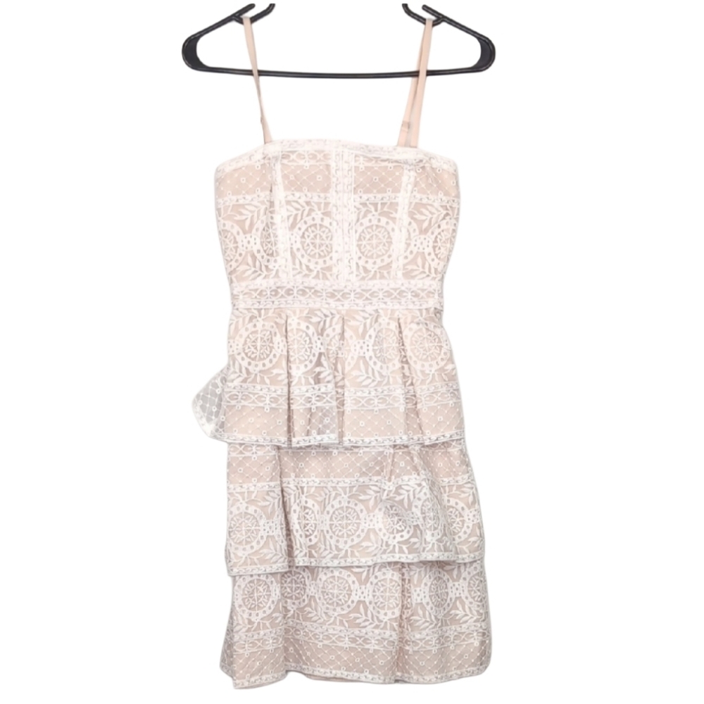 RW&CO Womens 00 Biege White Lace‎ Tier Layered Adjustable Strapless Summer Dress